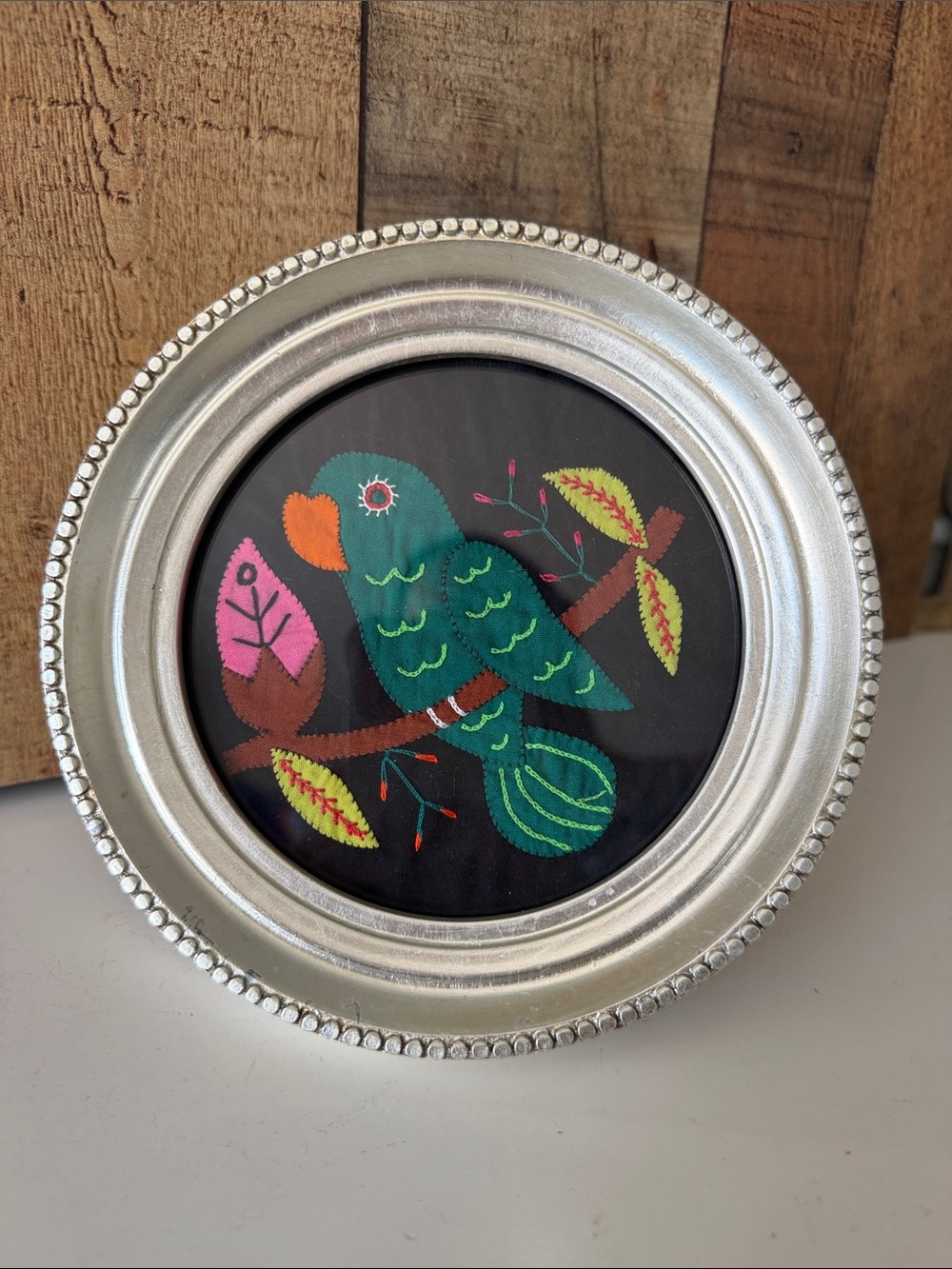 Green Parrot Embroidered Mola in Round Silver Colored Frame